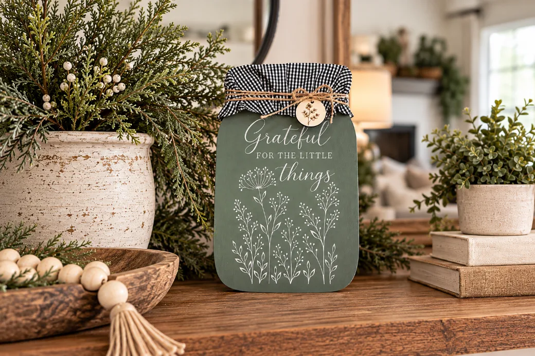 October's Craft Club project, a green Our Story Begins mason jar sign styled on a shelf