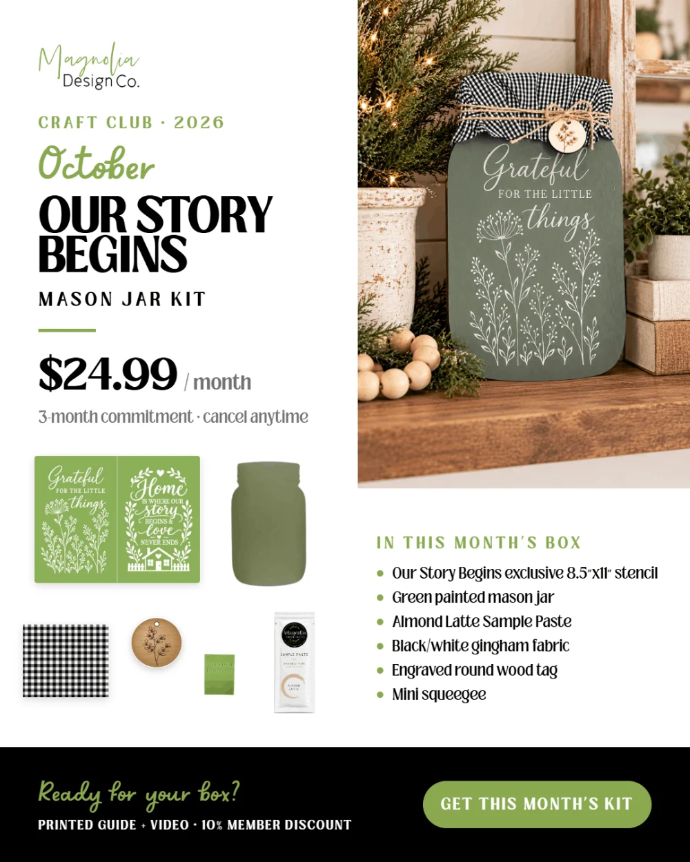 October 2026 Craft Club kit sheet for Our Story Begins, showing the stencil, the painted mason jar, the gingham, the wood tag and the squeegee, with the finished sign